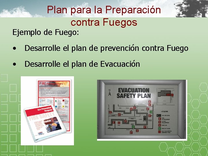 Plan para la Preparación contra Fuegos Ejemplo de Fuego: • Desarrolle el plan de Plan para la Preparación contra Fuegos Ejemplo de Fuego: • Desarrolle el plan de