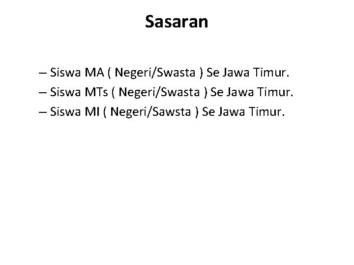 Sasaran – Siswa MA ( Negeri/Swasta ) Se Jawa Timur. – Siswa MTs (