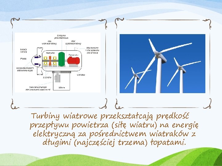 Turbiny wiatrowe przekształcają prędkość przepływu powietrza (siłę wiatru) na energię elektryczną za pośrednictwem wiatraków