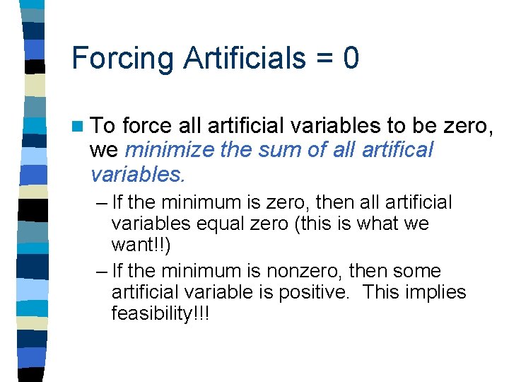 Forcing Artificials = 0 n To force all artificial variables to be zero, we Forcing Artificials = 0 n To force all artificial variables to be zero, we