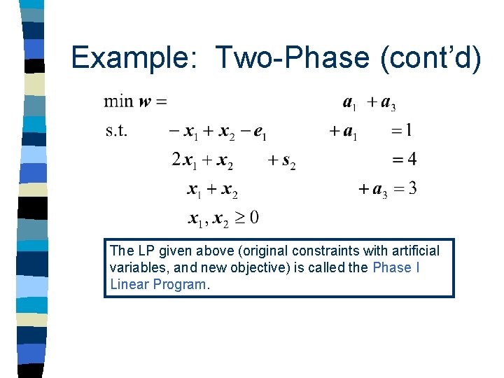 Example: Two-Phase (cont’d) The LP given above (original constraints with artificial variables, and new Example: Two-Phase (cont’d) The LP given above (original constraints with artificial variables, and new