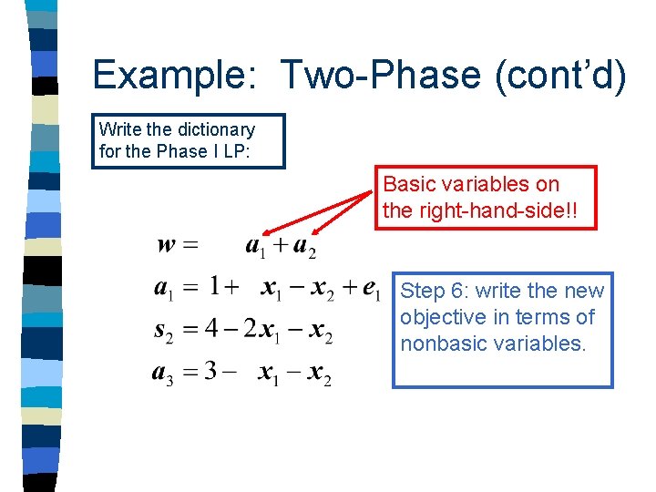 Example: Two-Phase (cont’d) Write the dictionary for the Phase I LP: Basic variables on Example: Two-Phase (cont’d) Write the dictionary for the Phase I LP: Basic variables on