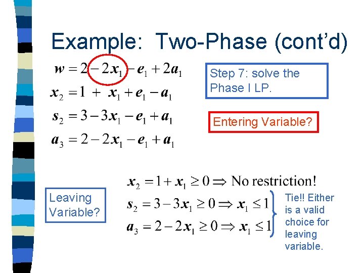 Example: Two-Phase (cont’d) Step 7: solve the Phase I LP. Entering Variable? Leaving Variable? Example: Two-Phase (cont’d) Step 7: solve the Phase I LP. Entering Variable? Leaving Variable?