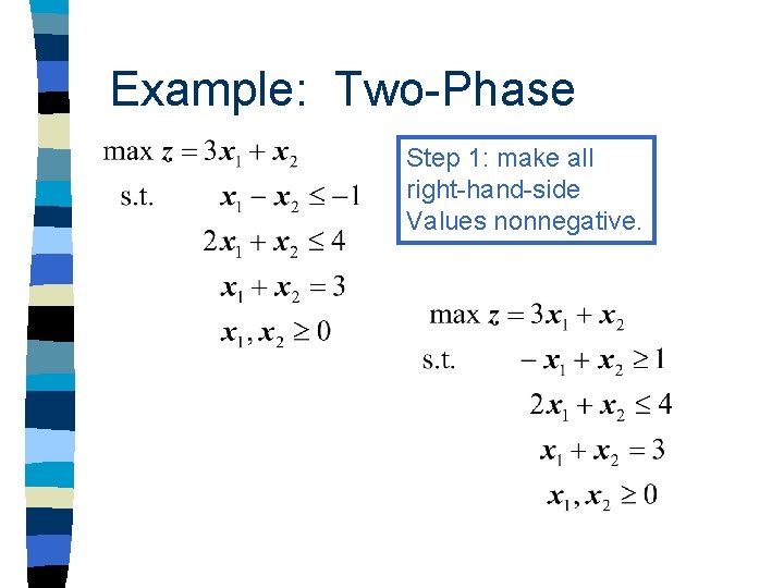 Example: Two-Phase Step 1: make all right-hand-side Values nonnegative. Example: Two-Phase Step 1: make all right-hand-side Values nonnegative.