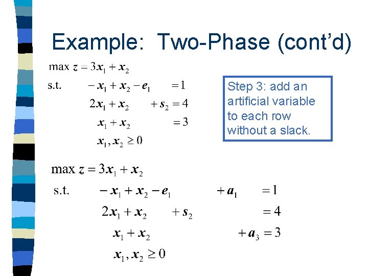 Example: Two-Phase (cont’d) Step 3: add an artificial variable to each row without a Example: Two-Phase (cont’d) Step 3: add an artificial variable to each row without a