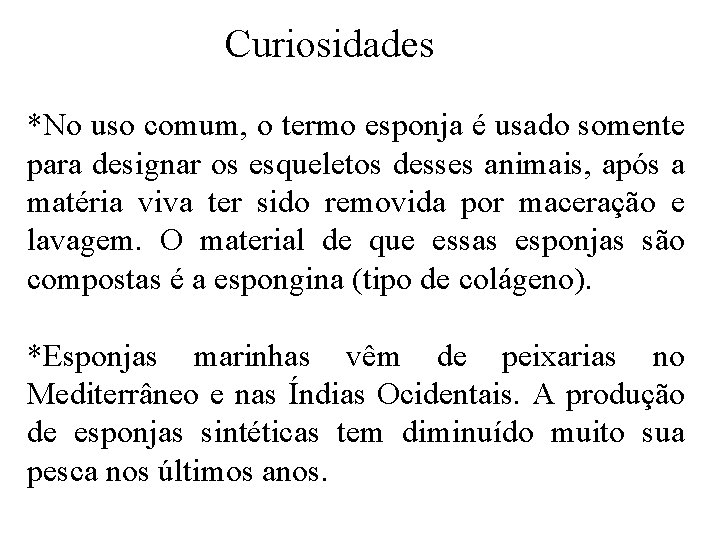 Curiosidades *No uso comum, o termo esponja é usado somente para designar os esqueletos Curiosidades *No uso comum, o termo esponja é usado somente para designar os esqueletos