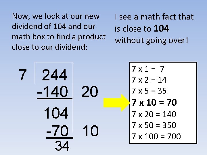 Now, we look at our new dividend of 104 and our math box to