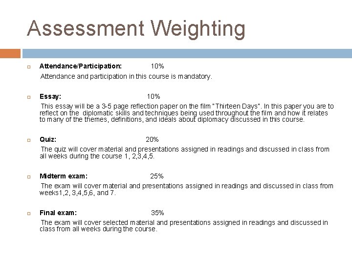 Assessment Weighting Attendance/Participation: 10% Attendance and participation in this course is mandatory. Essay: 10%