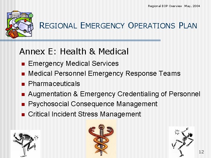 Regional EOP Overview May, 2004 REGIONAL EMERGENCY OPERATIONS PLAN Annex E: Health & Medical