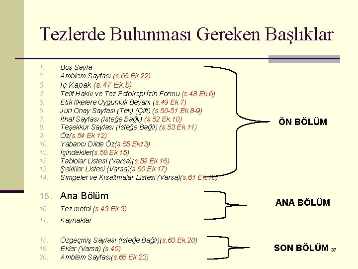 Tezlerde Bulunması Gereken Başlıklar 1. 2. Boş Sayfa Amblem Sayfası (s. 65 Ek. 22)