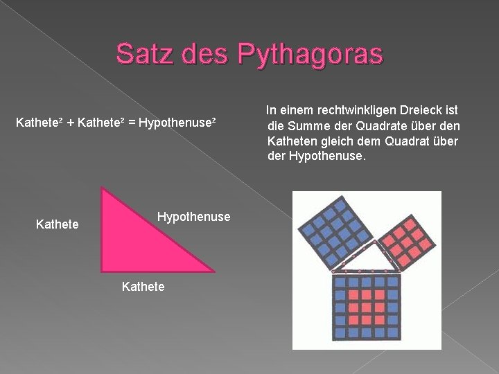 Satz des Pythagoras Kathete² + Kathete² = Hypothenuse² Kathete Hypothenuse Kathete In einem rechtwinkligen