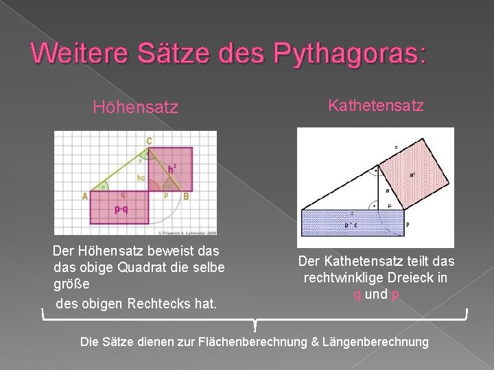 Weitere Sätze des Pythagoras: Höhensatz Kathetensatz Der Höhensatz beweist das obige Quadrat die selbe