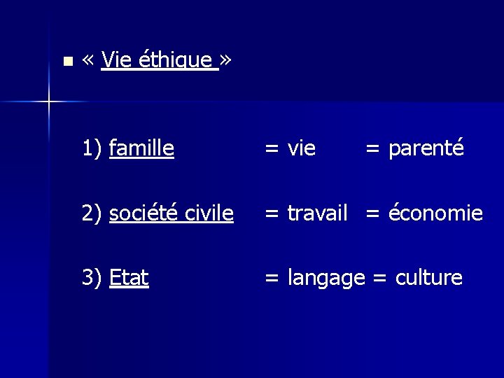 n « Vie éthique » 1) famille = vie = parenté 2) société civile