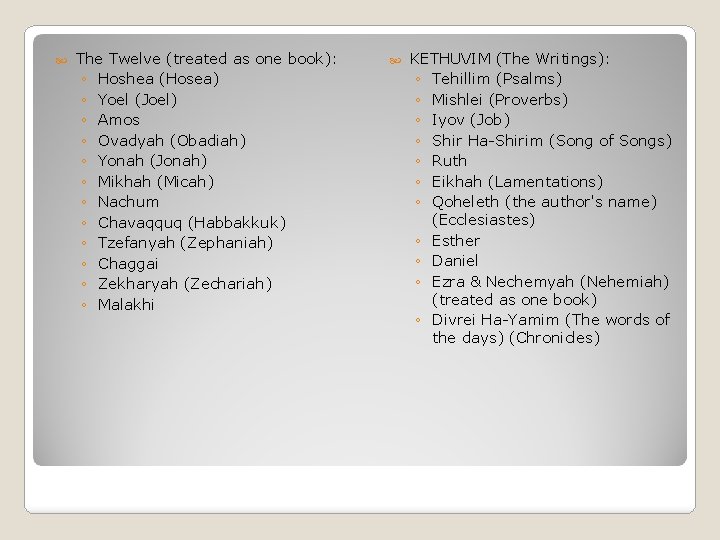  The Twelve (treated as one book): ◦ Hoshea (Hosea) ◦ Yoel (Joel) ◦