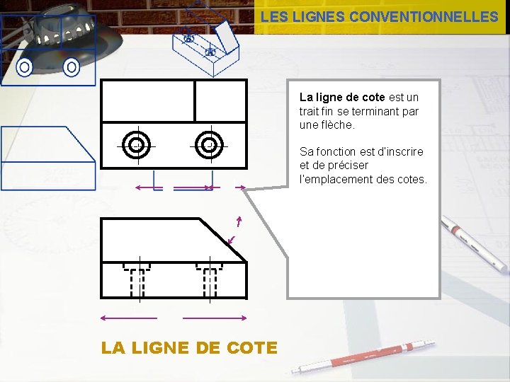 LES LIGNES CONVENTIONNELLES La ligne de cote est un trait fin se terminant par LES LIGNES CONVENTIONNELLES La ligne de cote est un trait fin se terminant par