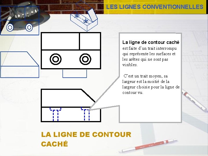 LES LIGNES CONVENTIONNELLES La ligne de contour caché est faite d’un trait interrompu qui