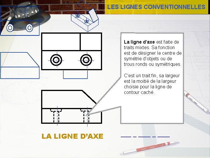 LES LIGNES CONVENTIONNELLES La ligne d’axe est faite de traits mixtes. Sa fonction est