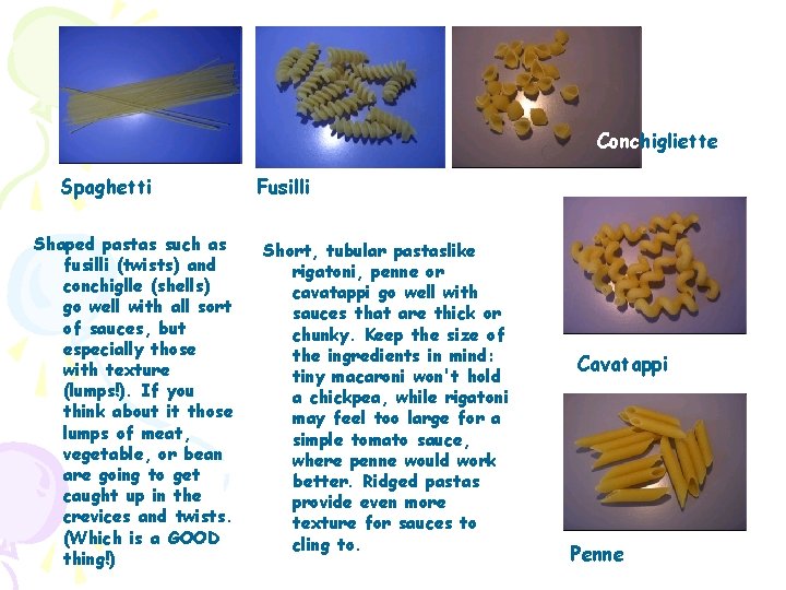 Conchigliette Spaghetti Shaped pastas such as fusilli (twists) and conchiglle (shells) go well with