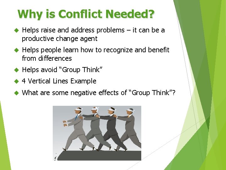 Why is Conflict Needed? Helps raise and address problems – it can be a