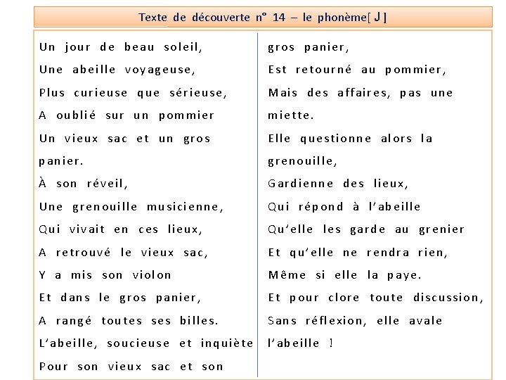 Texte de découverte n° 14 – le phonème[ J ] Un jour de beau