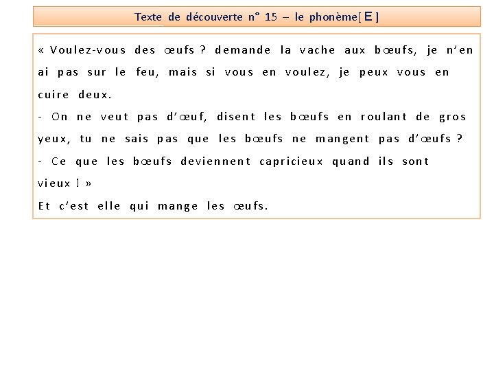 Texte de découverte n° 15 – le phonème[ E ] « Voulez-vous des œufs