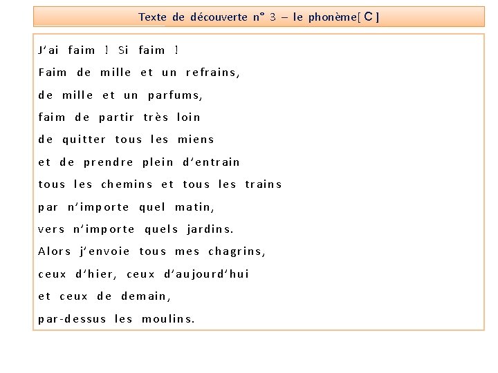 Texte de découverte n° 3 – le phonème[ C ] J’ai faim ! Si