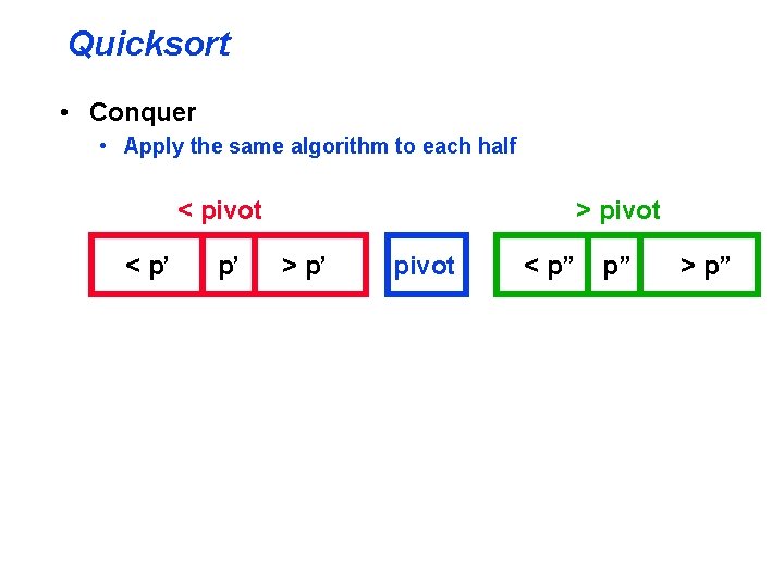 Quicksort • Conquer • Apply the same algorithm to each half < pivot <