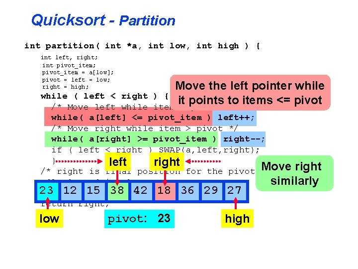 Quicksort - Partition int partition( int *a, int low, int high ) { int