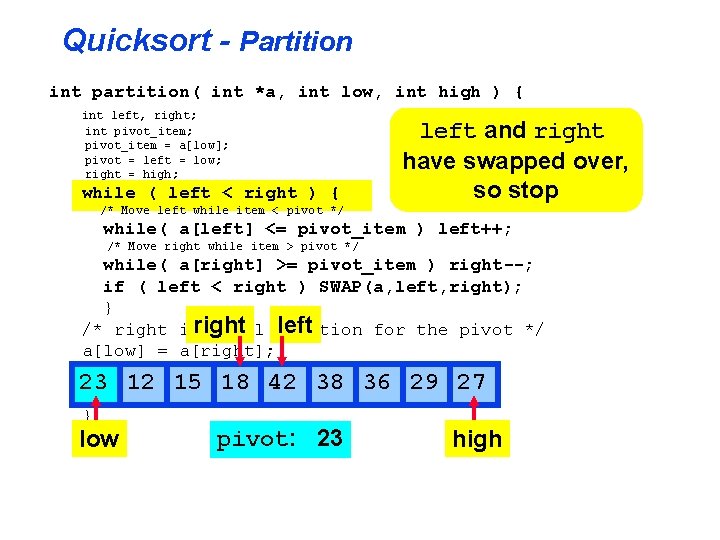 Quicksort - Partition int partition( int *a, int low, int high ) { int