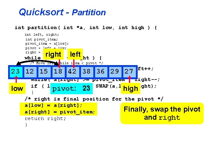 Quicksort - Partition int partition( int *a, int low, int high ) { int