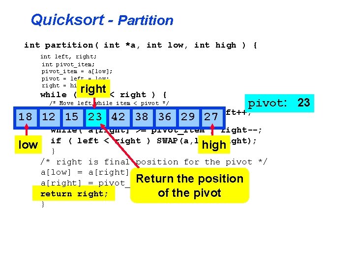 Quicksort - Partition int partition( int *a, int low, int high ) { int