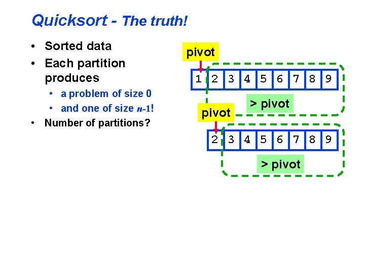 Quicksort - The truth! • Sorted data • Each partition produces • a problem