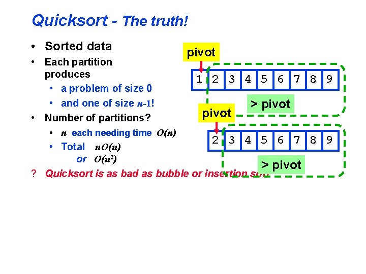 Quicksort - The truth! • Sorted data pivot • Each partition produces 1 2