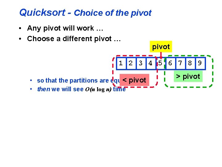 Quicksort - Choice of the pivot • Any pivot will work … • Choose