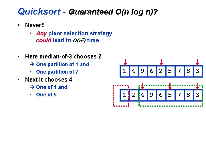 Quicksort - Guaranteed O(n log n)? • Never!! • Any pivot selection strategy could