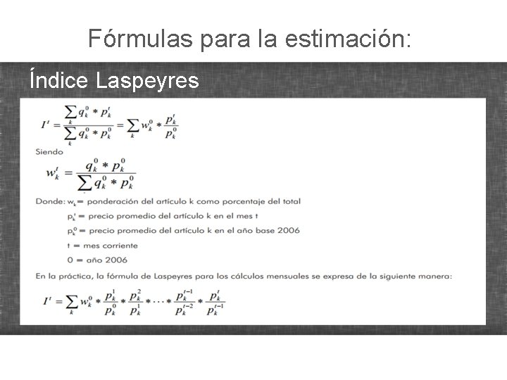 Fórmulas para la estimación: Índice Laspeyres 