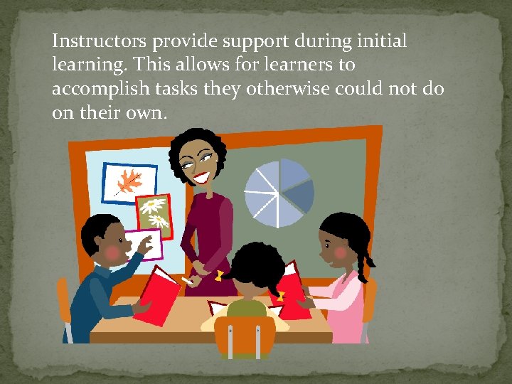 Instructors provide support during initial learning. This allows for learners to accomplish tasks they