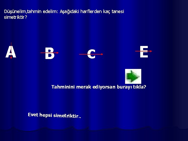 Düşünelim, tahmin edelim: Aşağıdaki harflerden kaç tanesi simetriktir? A B c E Tahminini merak