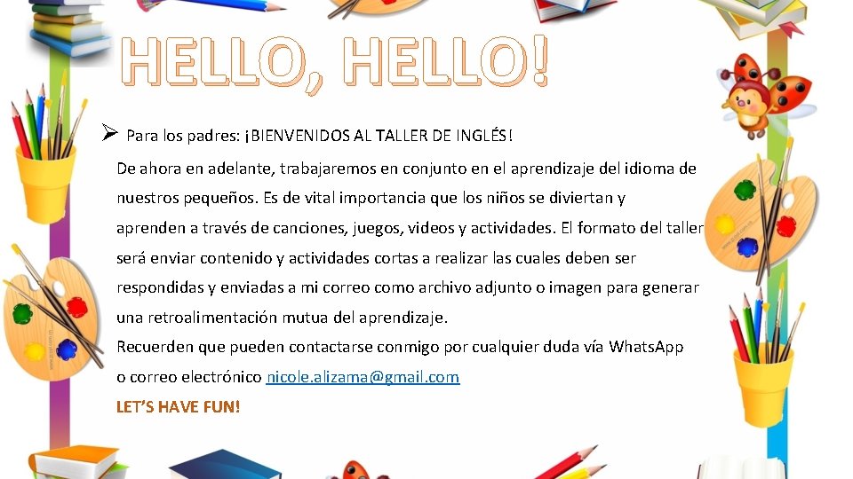 HELLO, HELLO! Ø Para los padres: ¡BIENVENIDOS AL TALLER DE INGLÉS! De ahora en