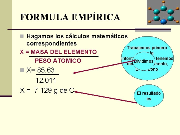 FORMULA EMPÍRICA n Hagamos los cálculos matemáticos correspondientes X = MASA DEL ELEMENTO PESO