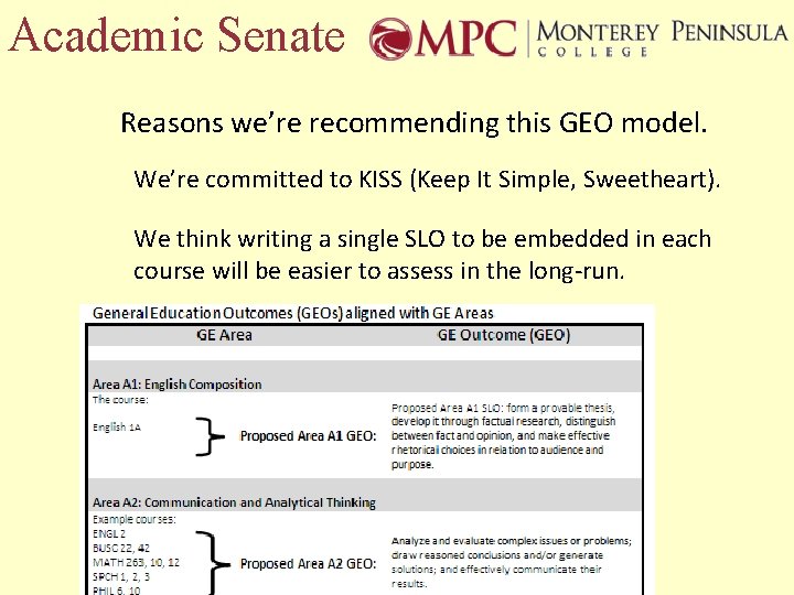 Academic Senate Reasons we’re recommending this GEO model. We’re committed to KISS (Keep It