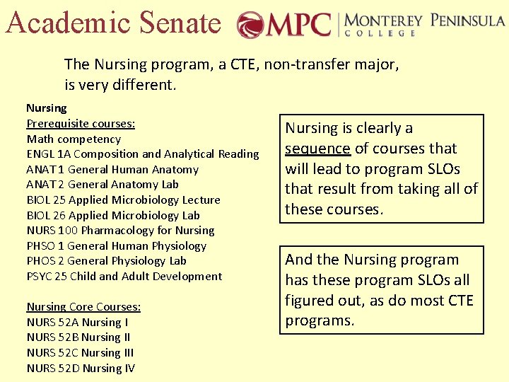 Academic Senate The Nursing program, a CTE, non-transfer major, is very different. Nursing Prerequisite