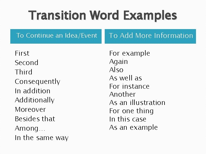 Transition Word Examples To Continue an Idea/Event To Add More Information First Second Third