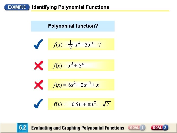 Identifying Polynomial Functions Polynomial function? f (x) = 12 x 2 – 3 x