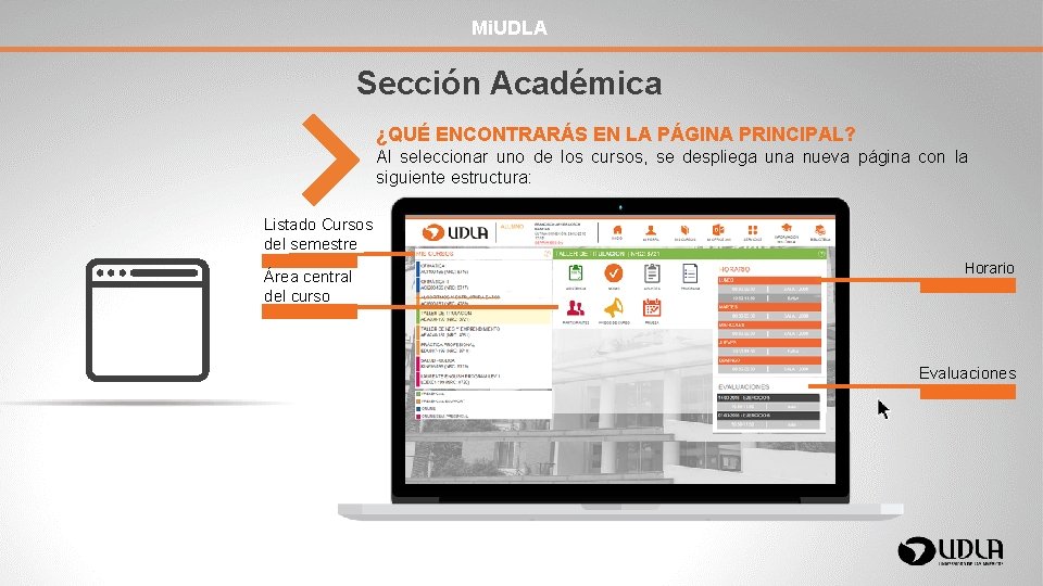 Mi. UDLA Sección Académica ¿QUÉ ENCONTRARÁS EN LA PÁGINA PRINCIPAL? Al seleccionar uno de