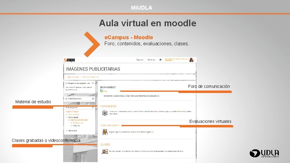 Mi. UDLA Aula virtual en moodle e. Campus - Moodle Foro, contenidos, evaluaciones, clases.