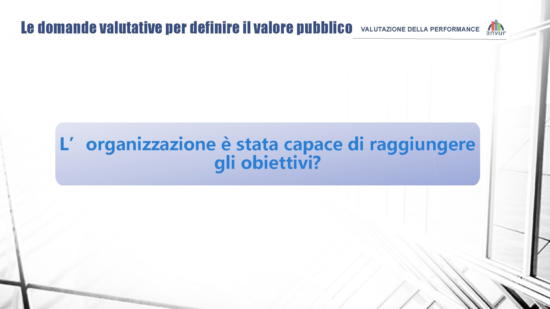 Le domande valutative per definire il valore pubblico VALUTAZIONE DELLA PERFORMANCE L’organizzazione è stata