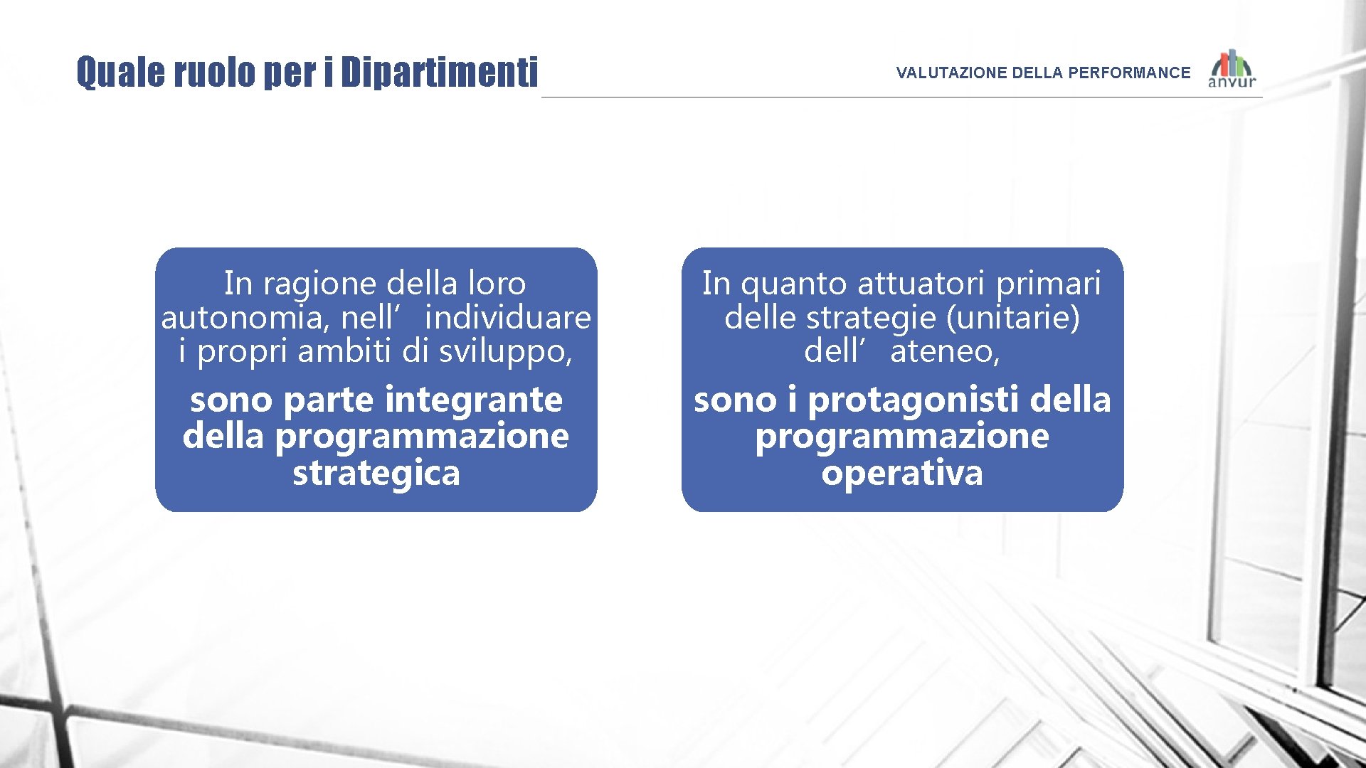 Quale ruolo per i Dipartimenti VALUTAZIONE DELLA PERFORMANCE In ragione della loro autonomia, nell’individuare