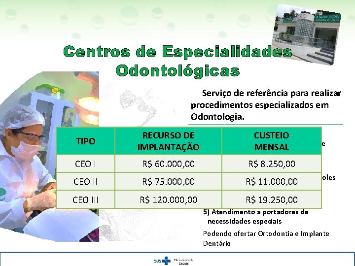 Centros de Especialidades Odontológicas Serviço de referência para realizar procedimentos especializados em Odontologia. TIPO