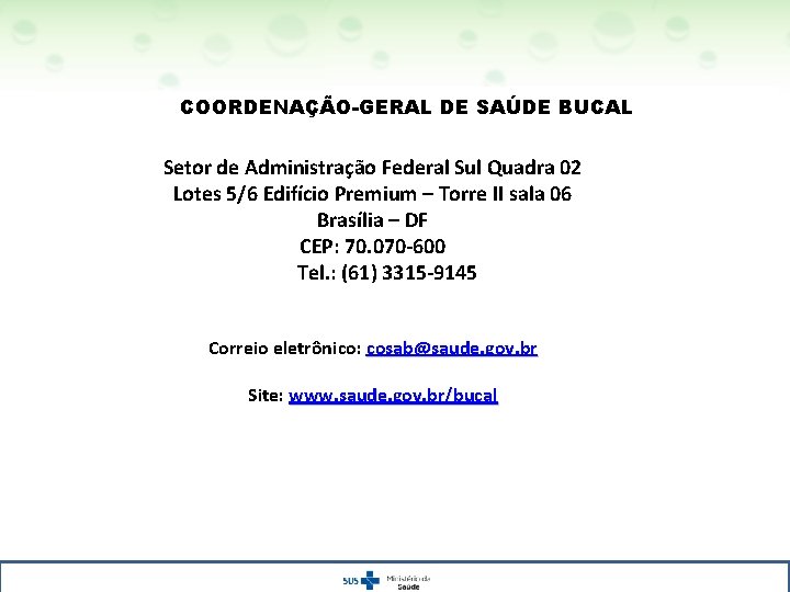 MINISTÉRIO DA SAÚDE COORDENAÇÃO-GERAL DE SAÚDE BUCAL Setor de Administração Federal Sul Quadra 02